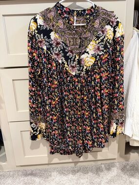 Free People Floral Paisley Mixed-Print Tunic in Black, Yellow, Pink